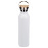 A drink bottle in white with a stainless steel lid and a bamboo top. It has a simple, sleek design.