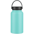 A drink bottle in a light blue colour with a black lid and handle.