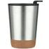 A stainless steel coffee mug with a cork base and a black lid featuring a straw. It has a simple design.