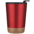 A coffee mug in glossy red with a cork base and a black straw lid. The mug features a logo.
