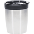 A drink mug in silver stainless steel with a black lid, featuring a logo.