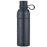 A drink bottle in matte black with a screw top and a loop handle, featuring a logo.