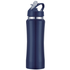 A drink bottle in navy blue with a silver band and a straw top. It features a logo on the front.