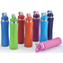 A range of drink bottles in various colours: green, orange, pink, purple, blue, and dark blue, all with a logo.