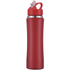 A drink bottle in vibrant red with a straw lid and a silver band around the neck. The bottle has a sleek design.