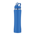 A drink bottle in bright blue with a double wall design and a straw for easy sipping. Features a logo.