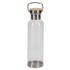 A drink bottle made of clear glass with a stainless steel base and a wooden cap. It features a metal handle.