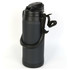 A drink bottle in matte black with a carrying handle and a flip-top lid, featuring a logo on its surface.