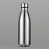A drink bottle in a sleek silver finish with a rounded cap and a minimalist design. Features a branding logo.