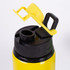 A drink bottle in bright yellow with a black lid and a spout, featuring a secure cap and handle.