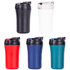 A drink bottle collection featuring black, white, red, navy, and teal travel mugs, each with a locking lid and logo.