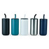 A drink bottle collection featuring five designs in black, teal, white, silver, and navy, each with a straw and a logo.