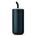 A drink bottle in matte black with a stainless steel straw and a sleek cylindrical design. It features a logo.