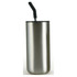 A drink bottle in a sleek silver finish with a black straw and a black lid, featuring a logo.