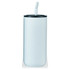 A drink bottle featuring a sleek white finish, a black lid, and a straw for easy sipping. It has a logo on the front.