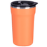An orange coffee mug with a black lid and a sleek design, featuring a logo on the side.