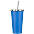 A drink bottle in bright blue with a stainless steel lid and a straw, featuring a logo.