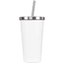 A drink bottle in white with a stainless steel lid and straw. It features a simple, sleek design.