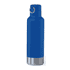 A drink bottle in vibrant blue with a stainless steel base and a metal loop for easy carrying.