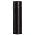 A drink bottle in sleek black with a cylindrical design and a secure lid. Features a branding logo.
