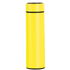 A drink bottle in a bright yellow colour with a sleek design and black accents. It features a logo.