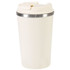A plastic tumbler in cream colour with a silver band at the top and a lid. It features a logo.