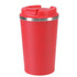 A red plastic tumbler with a silver band around the top and a lid. It features a logo on the side.