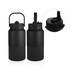 A drink bottle in matte black with a carry handle and a spout. It features a logo on the side.