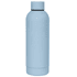 A drink bottle in a soft blue colour with a sleek, rounded design and a black rim, featuring a logo.