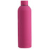 A drink bottle in a vibrant pink hue with a sleek, smooth design and a cap. Features a logo on the bottle.