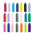 A drink bottle collection featuring various colours including pink, teal, navy, yellow, black, and green. Each bottle has a logo.