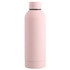 A drink bottle in a soft pink colour, featuring a smooth surface and a modern design. It has a logo on the side.