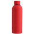 A drink bottle in vibrant red, featuring a sleek design and a cap. It includes a logo on its surface.