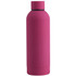 A drink bottle in vibrant pink with a sleek design and a black cap. It features a logo on the surface.