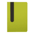 A green notebook with a black cutout design on the front cover. It has a sleek and modern appearance.