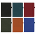 A collection of six notebooks in black, teal, burgundy, olive green, orange, and blue, each with a logo.
