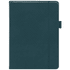 A dark teal notebook with a textured cover and a secure closure band. It features a logo on the front.