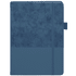 A navy blue notebook with a textured cover and an elastic band closure, featuring a branding logo.