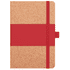 A notebook with a cork cover and a vibrant red elastic band, featuring a small red strap closure.