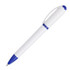 A plastic pen in white with blue accents, featuring a clip and a logo.