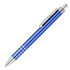 A metal pen in a vibrant blue colour with silver accents and a clip. It features a logo.