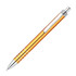 A metal pen in orange and silver with a sleek design and a logo on the barrel.