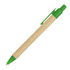 A pen with a natural kraft barrel and a green plastic tip and clip, featuring a logo.