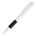 A plastic pen featuring a white body and a black grip. The pen includes a clip and has a branding logo.
