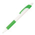 A writing pen with a white barrel and green accents, featuring a grip and a logo.