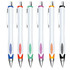 A set of six plastic pens in blue, orange, green, purple, and black, featuring a white body and a logo.