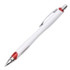 A plastic pen in white with red accents and a silver clip, featuring a logo on the barrel.