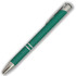 A teal metal pen with a shiny silver clip and decorative silver bands. It features a simple, sleek design.