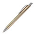 A metal pen with a gold and silver finish, featuring a sleek design and a clip. It includes a logo.
