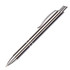 A sleek metal pen in silver and black, featuring a clip and a logo. Ideal for elegant writing.